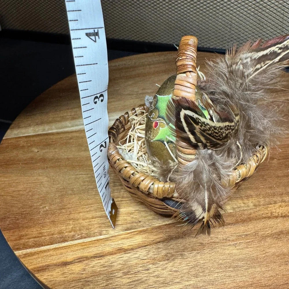 Vintage Hand Painted Gold Holly Egg in Miniature Wicker Basket with Feathers